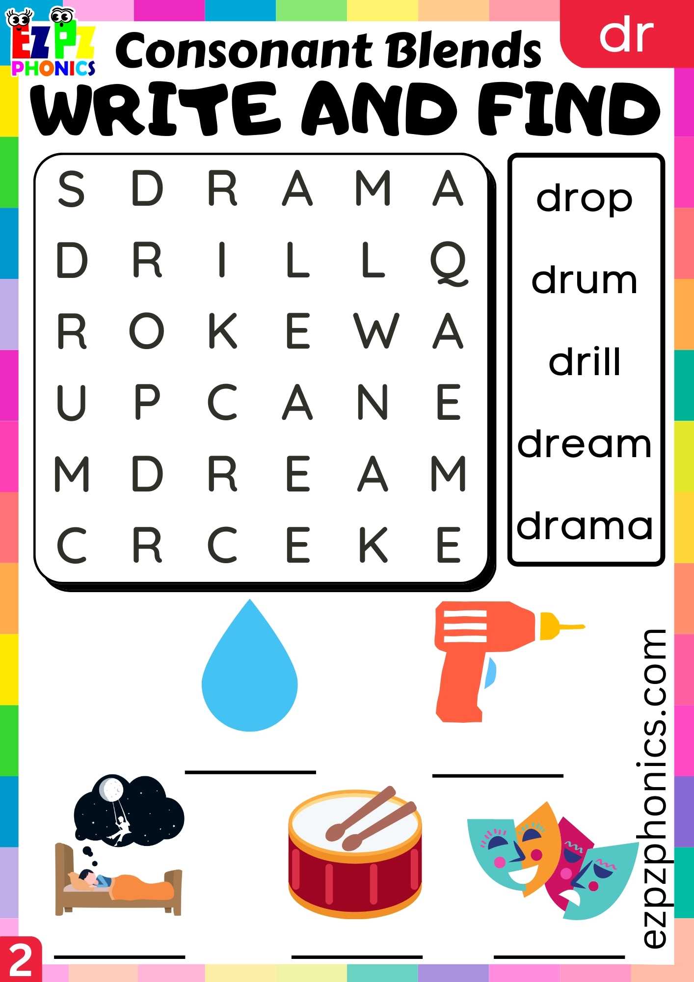 Group2 DR Words Write And Find Phonics Consonant Blends Worksheet